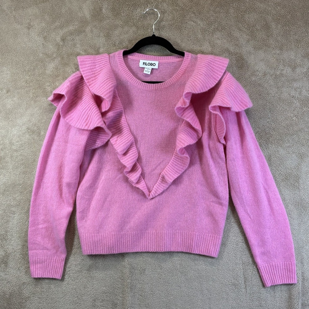 Filoro 100% Cashmere Sweater Sz S‎ Pink Ruffles Girlhoodcore Twee Luxury EUC